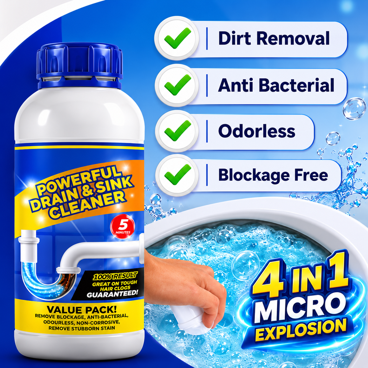 Sanitizo Powerful Drain & Sink Cleaner Powder 100 gm Each(Pack of 4)